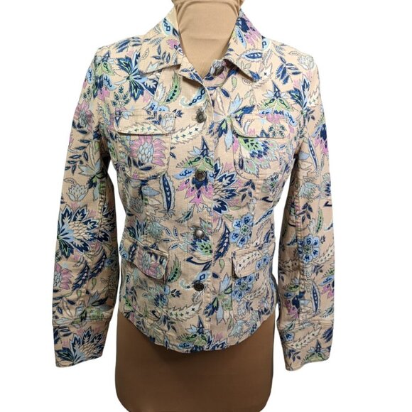 CHARTER CLUB Cotton Floral Denim Button Up Jacket Beige Size Petite Small - Picture 15 of 15